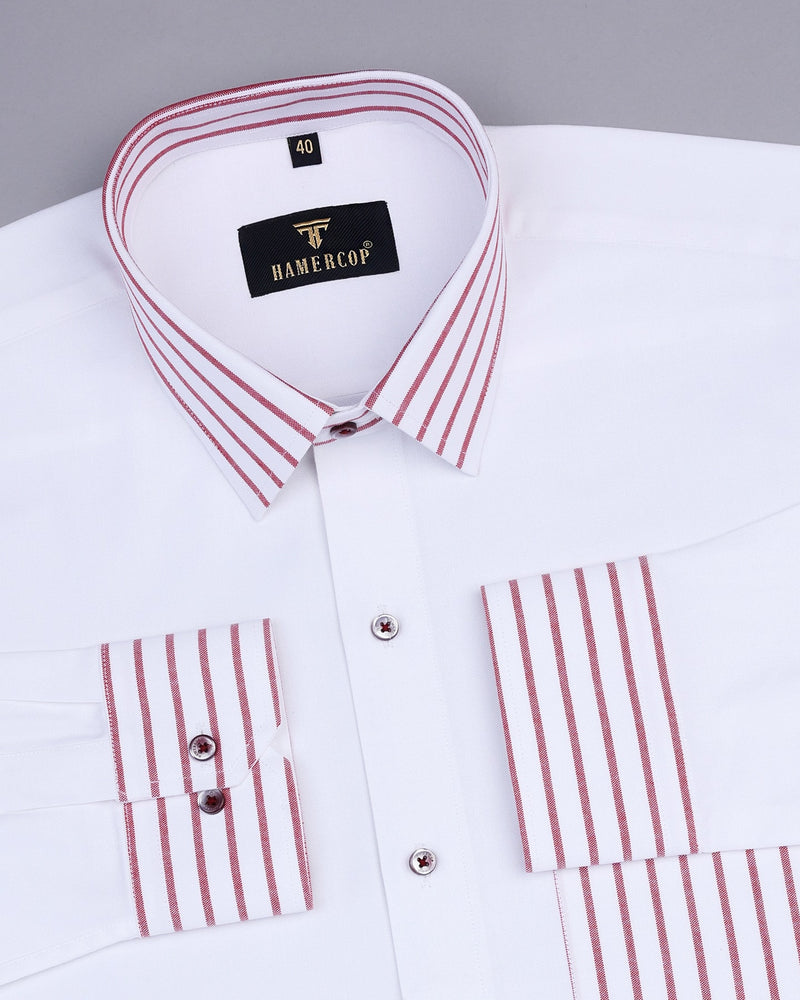 White With Maroon Striped Cuff And Collar Designer Cotton Shirt