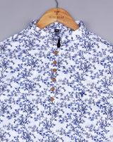 Blue Floral Printed Self Stripe Dobby Cotton Shirt Style Kurta