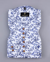 Blue Floral Printed Self Stripe Dobby Cotton Shirt Style Kurta
