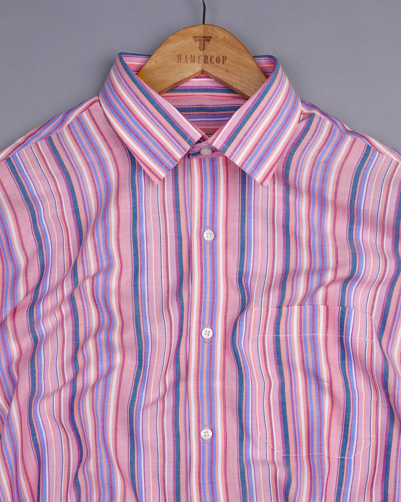 Pink With Orange Multicolored Stripe Cotton Shirt
