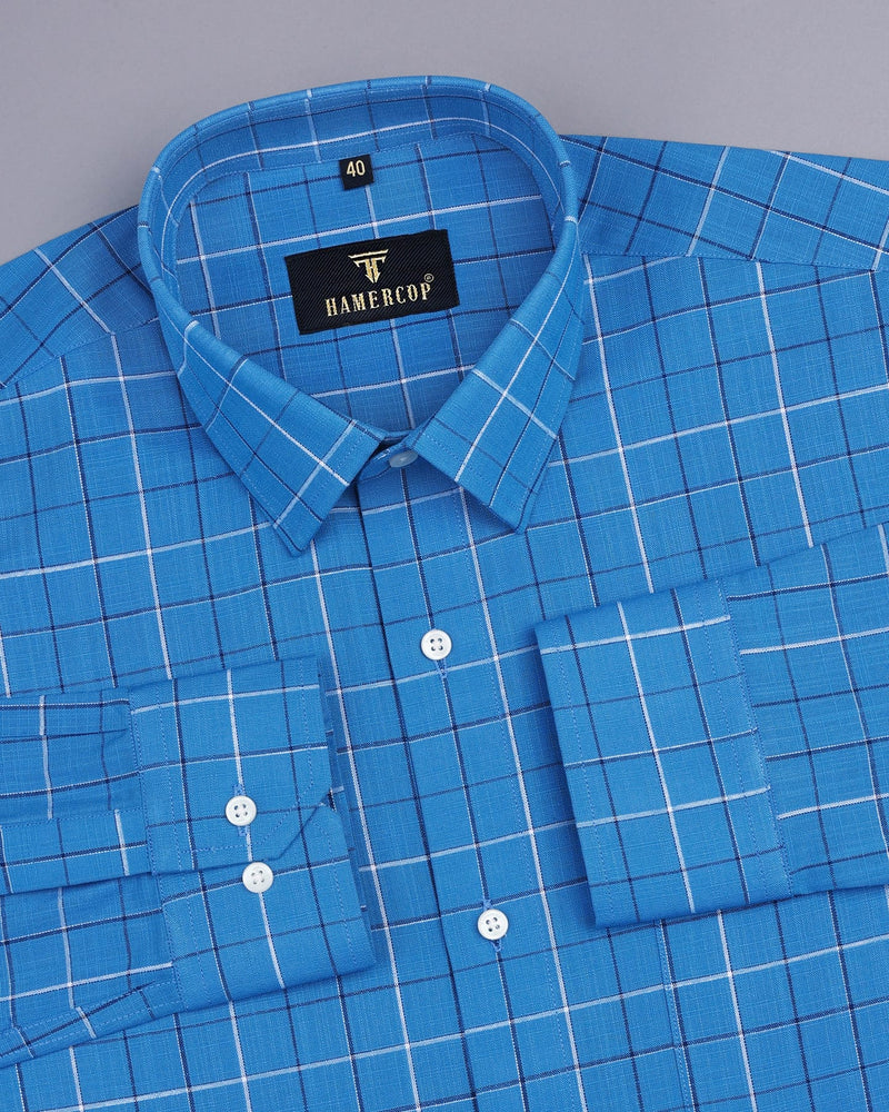 Vital Blue With Black Check Linen Cotton Shirt