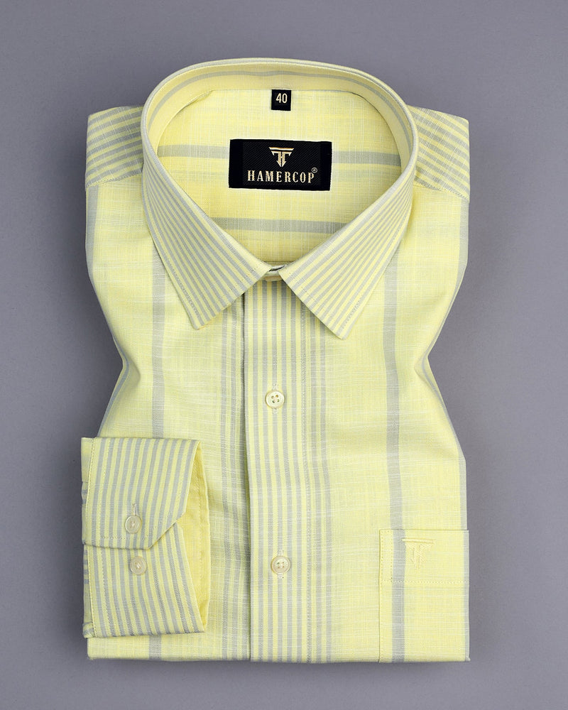 Blush Yellow With Grey University Stripe Linen Cotton Shirt