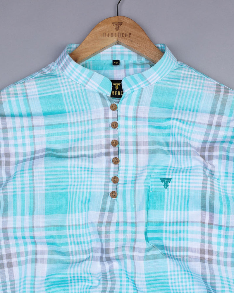 Ortona Blue With White Check Linen Shirt Style Kurta