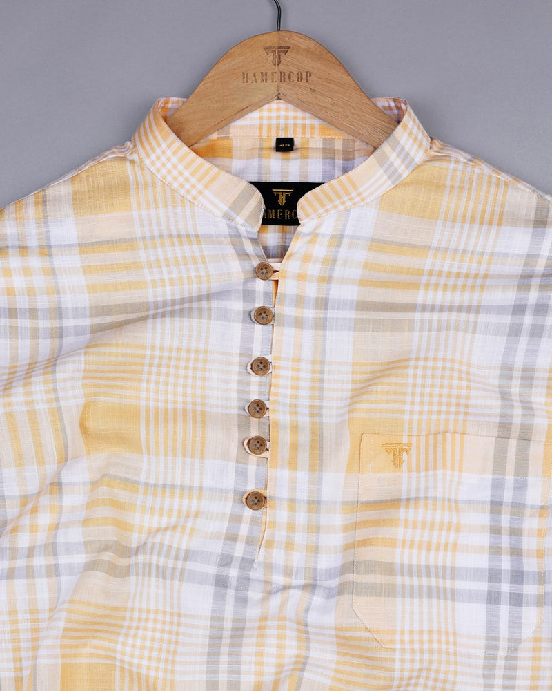 Ortona Yellow With White Check Linen Shirt Style Kurta