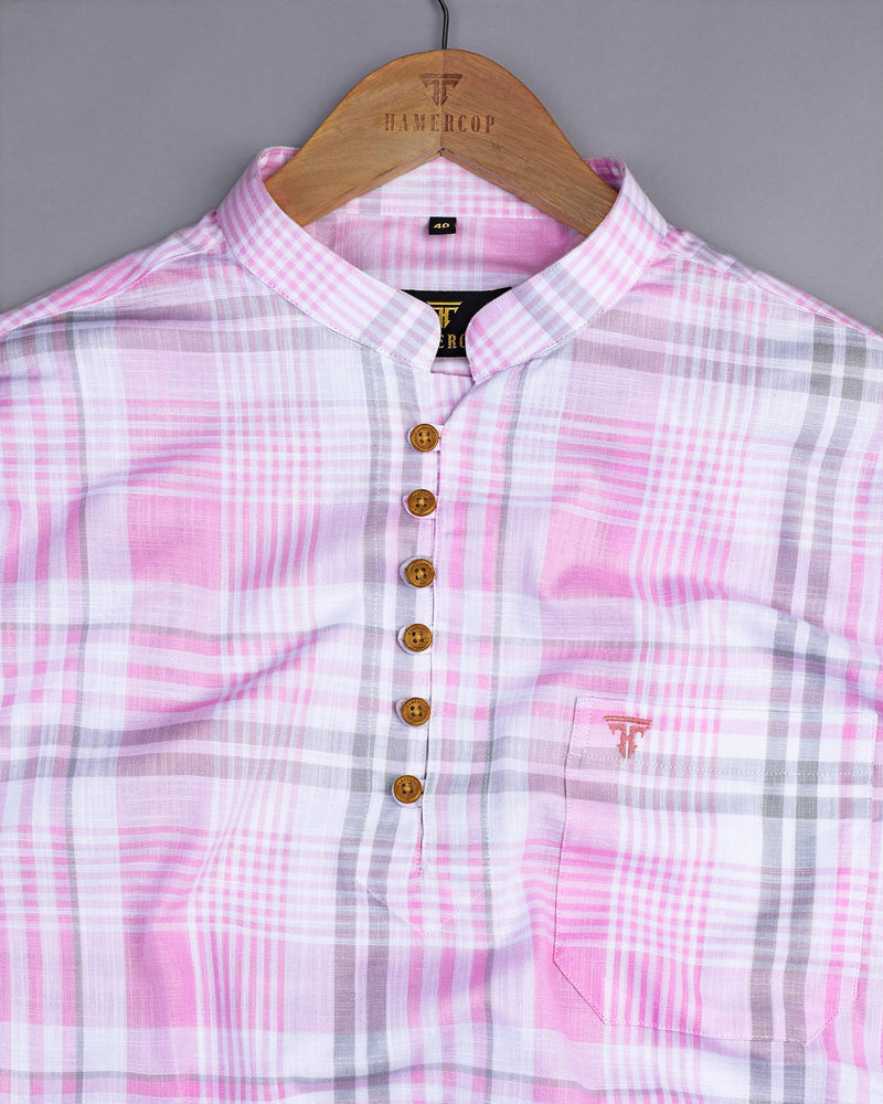 Ortona Pink With White Check Linen Shirt Style Kurta