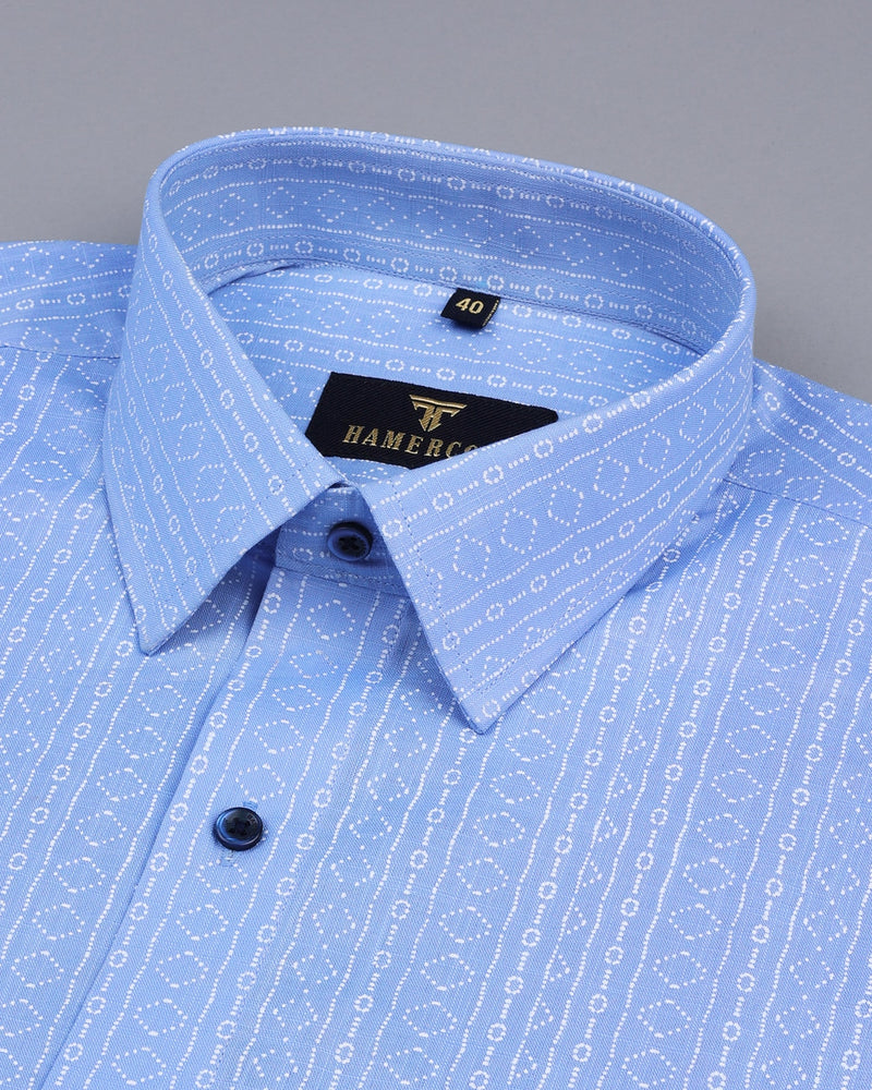 SkyBlue Geometrical Designer Printed Linen Shirt