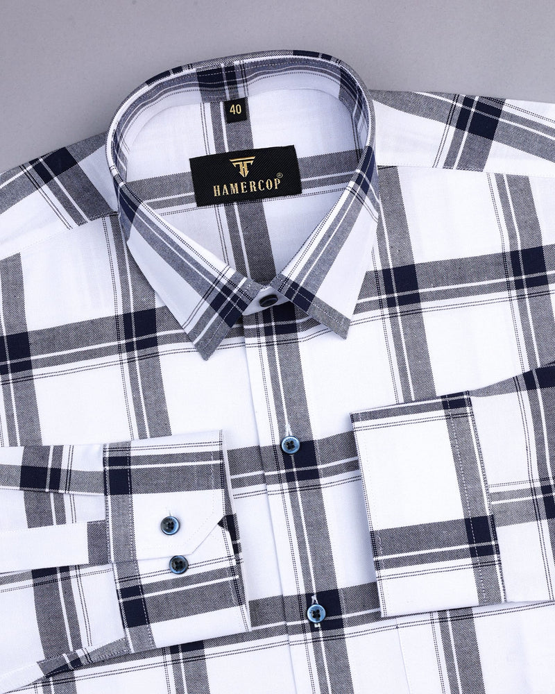 White With NavyBlue Check Oxford Cotton Formal Shirt