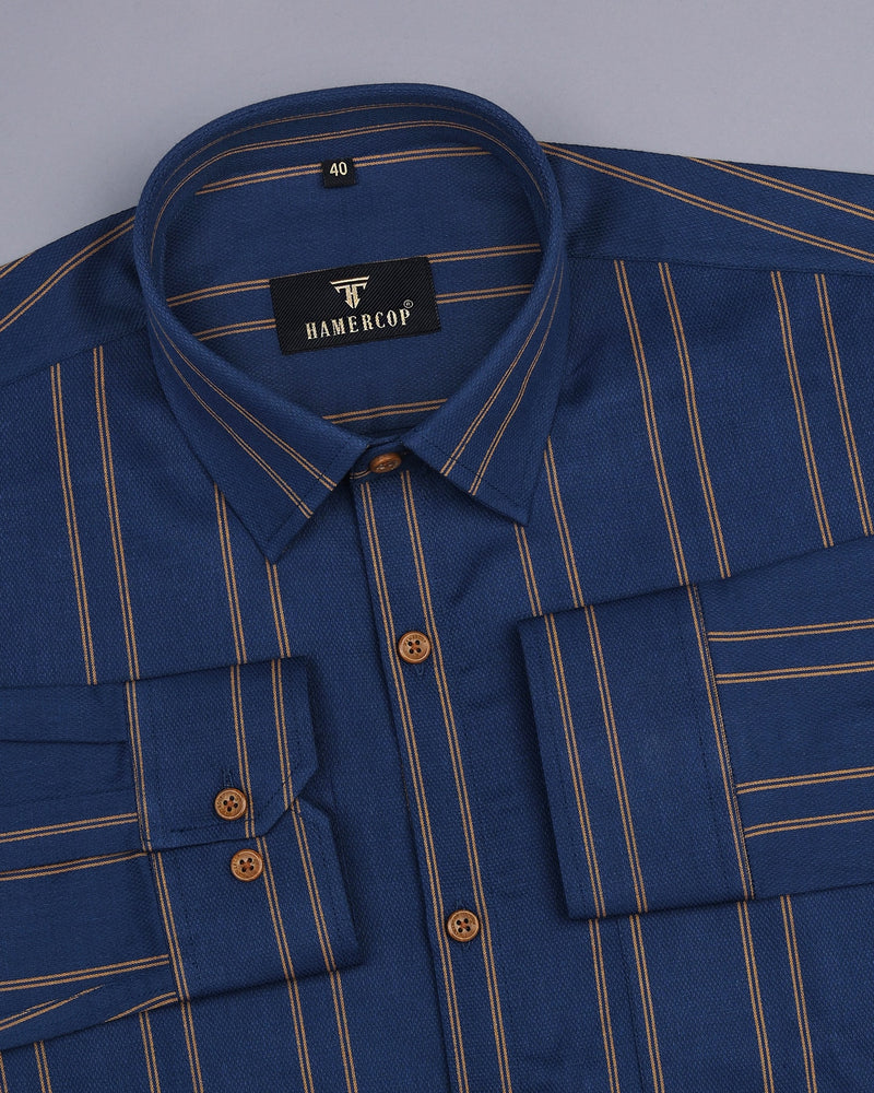 Tuscan Blue With Brown Striped Dobby Cotton Shirt