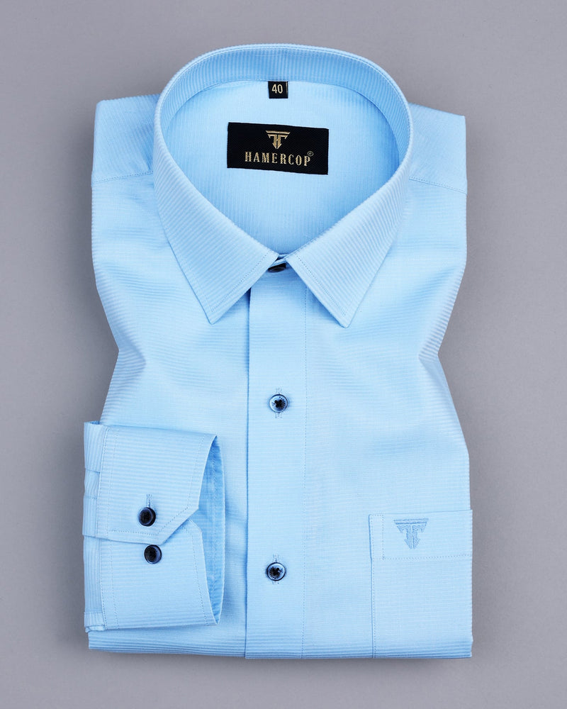 Hilton SkyBlue Self Weft Stripe Dobby Cotton Solid Shirt