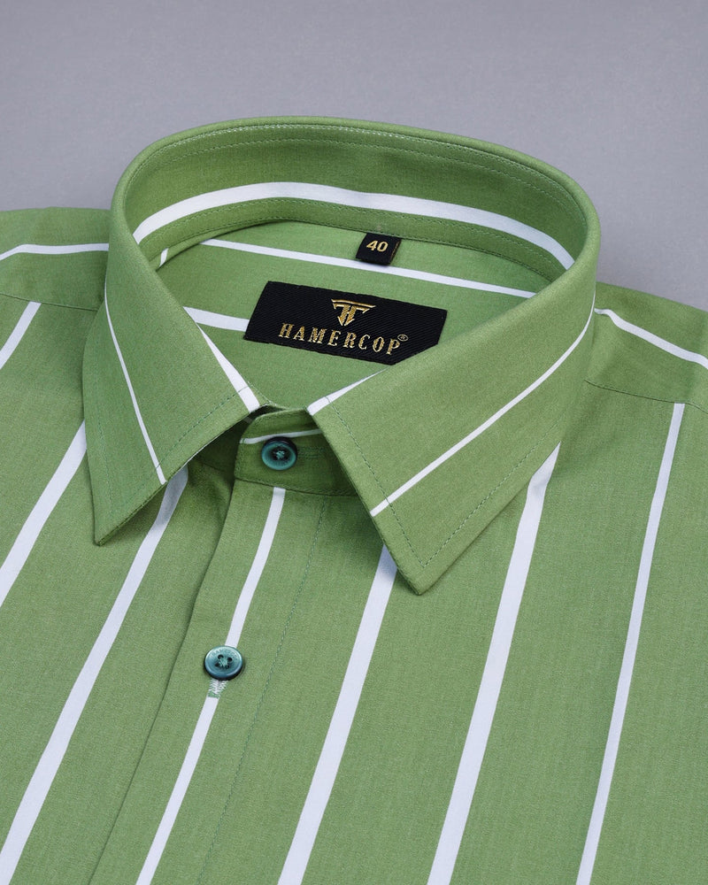 Broccoli Green And White Broad Stripe Premium Cotton Shirt