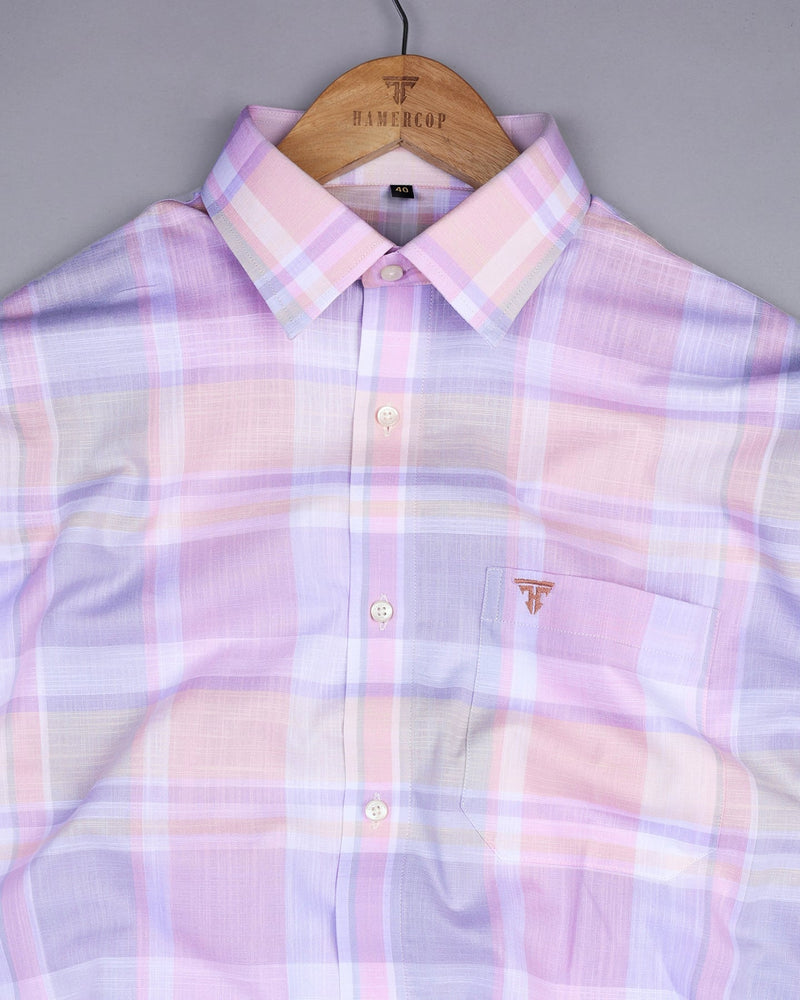 Crocus Purple With Pink Multicolored Check Linen Cotton Shirt
