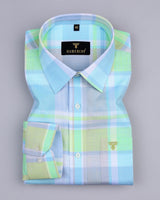 Crocus Blue With Multicolored Check Linen Cotton Shirt