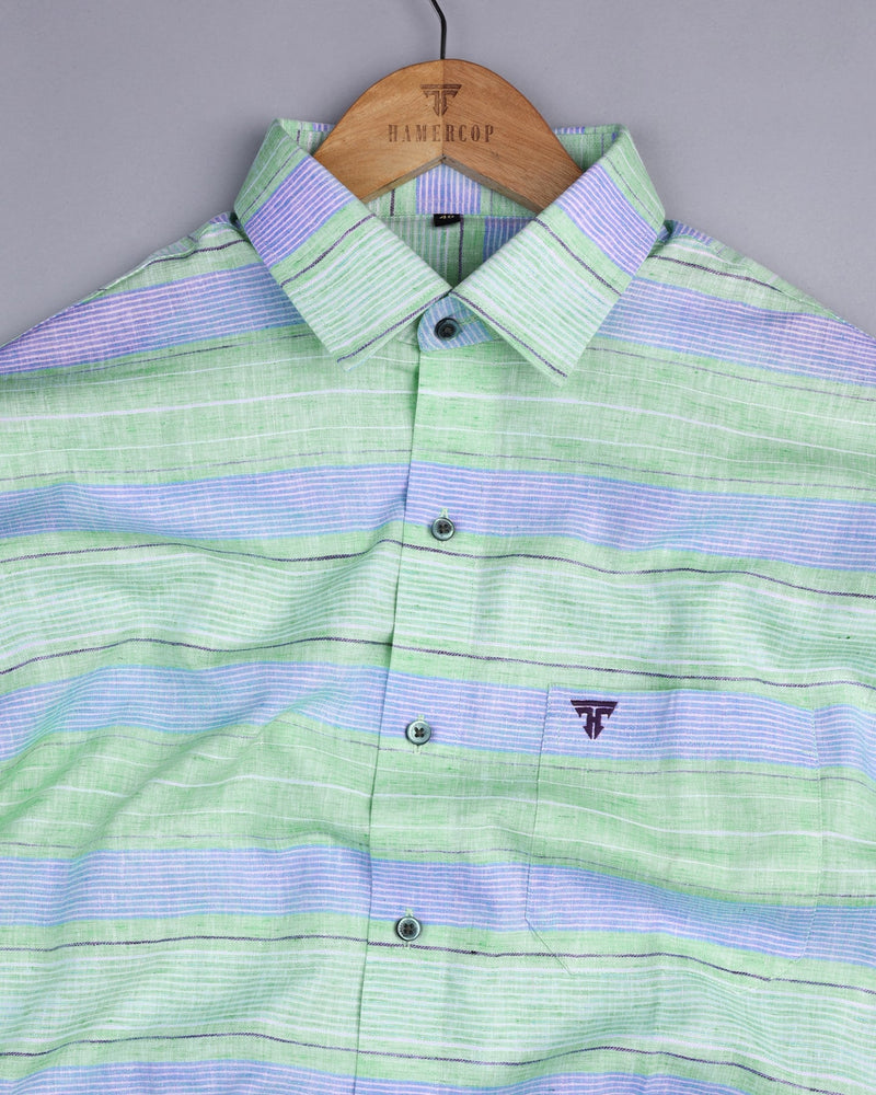 Kindle Green Multicolored Weft Stripe Premium Cotton Shirt