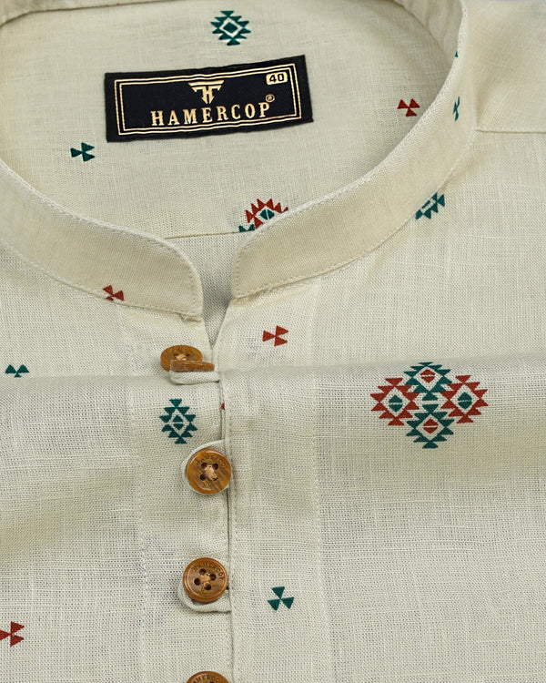 Dust Ivory Navajo Art Printed Linen Shirt Style Kurta