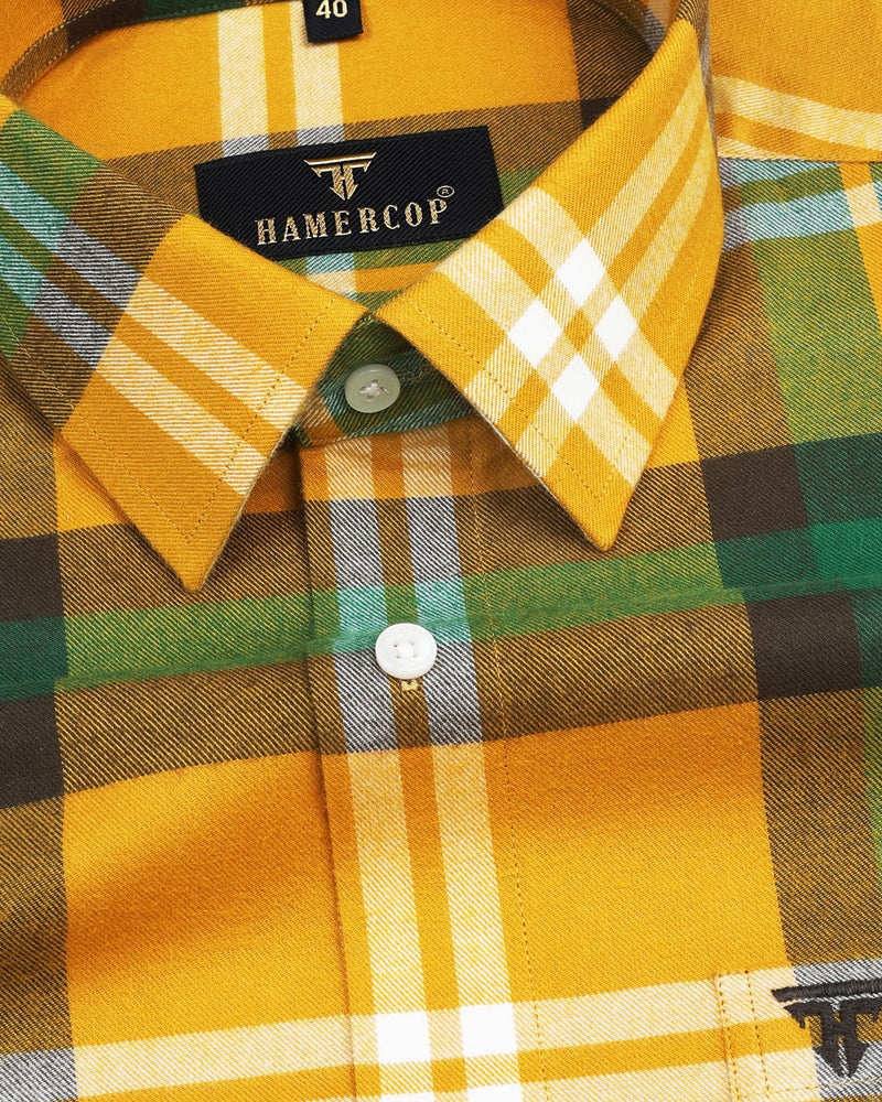 Turmeric Yellow With Green Plaid Flannel Check Cotton Shirt