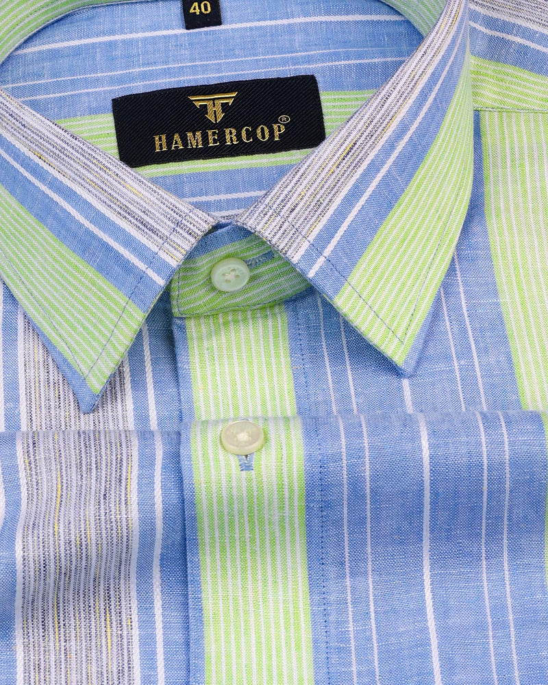 Pinzon Blue With Green Stripe Dobby Cotton Formal Shirt