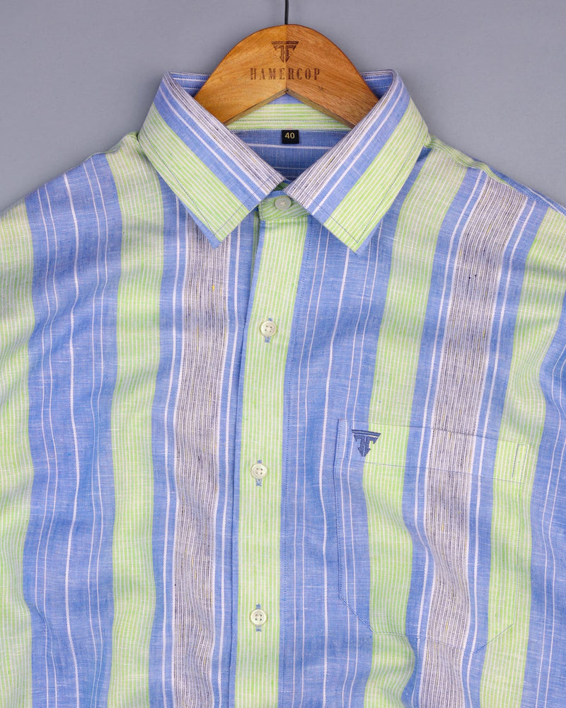 Pinzon Blue With Green Stripe Dobby Cotton Formal Shirt