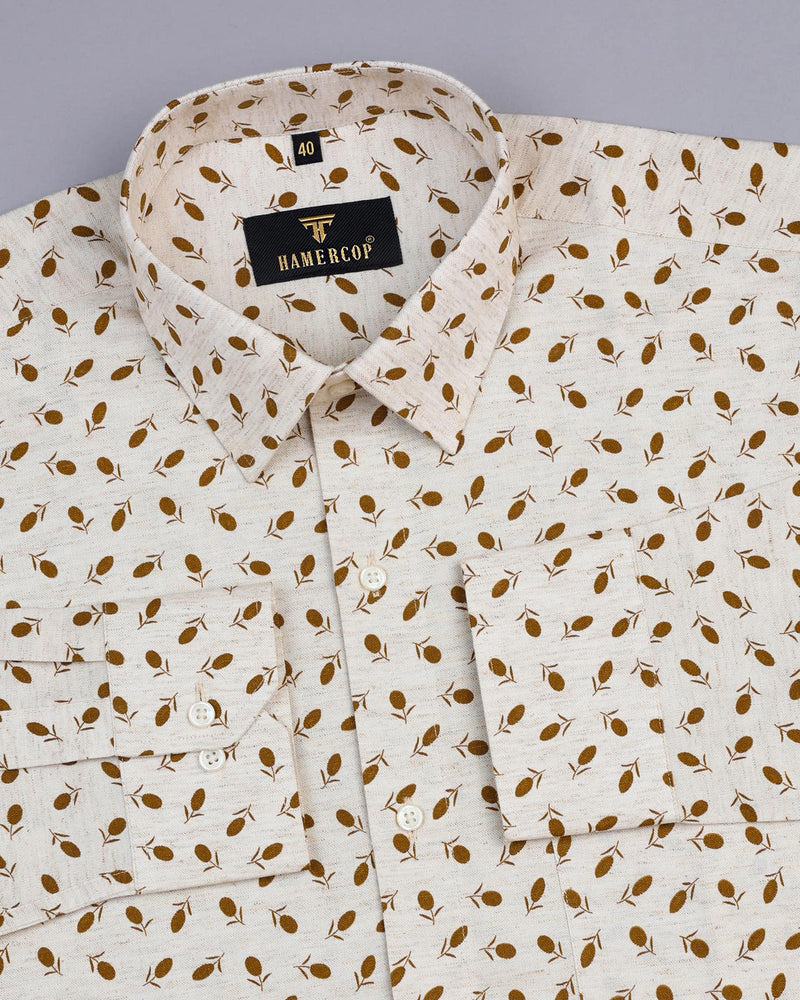 Olive Nuts Printed Cream Colored Classic Cotton Shirt