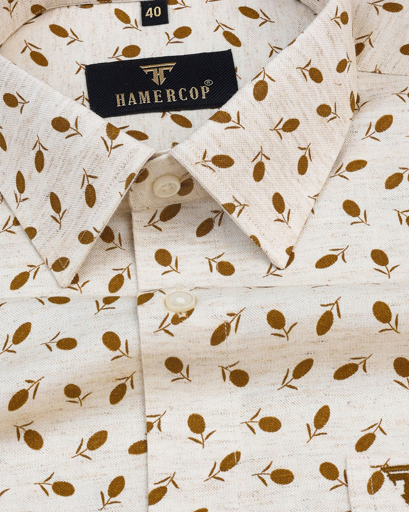 Olive Nuts Printed Cream Colored Classic Cotton Shirt