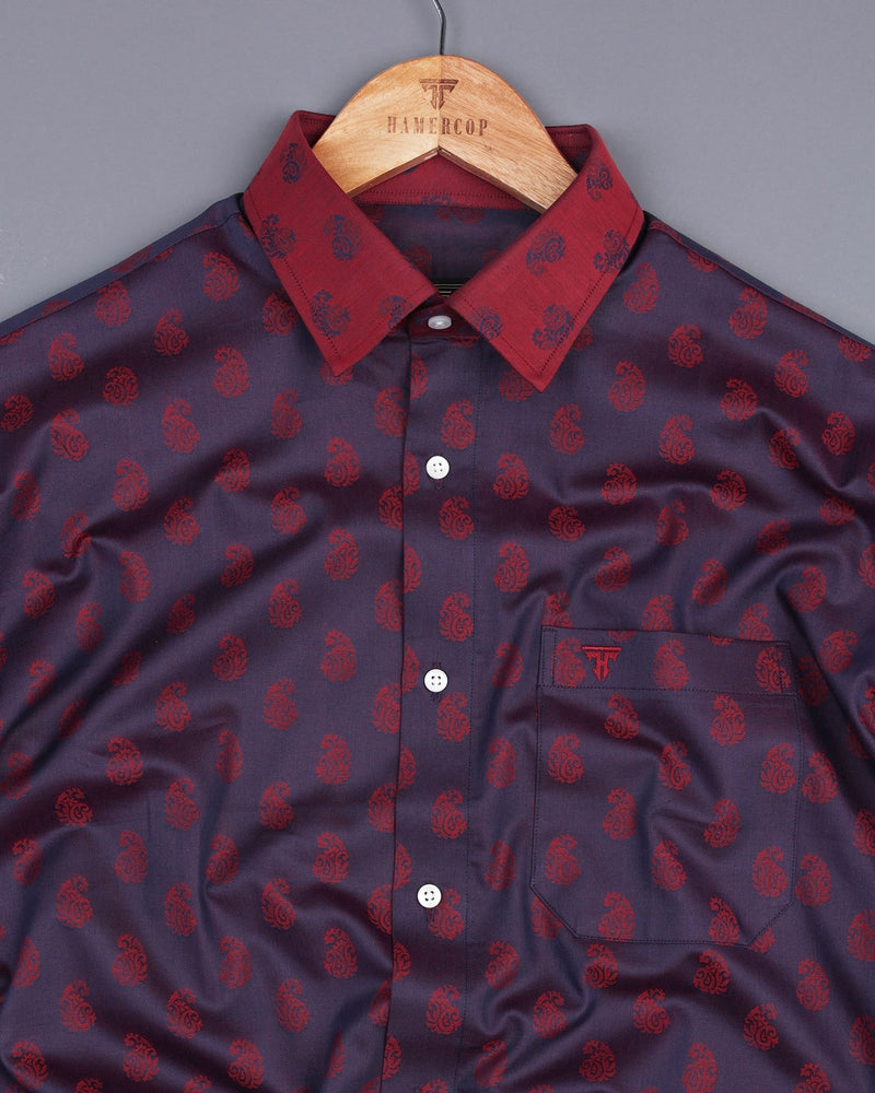 Red Paisley Pattern Purple Shadow Jacquard Designer Cotton Shirt