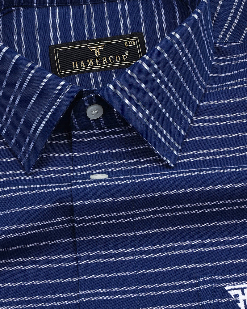 Sikmin Blue With White Weft Stripe Formal Cotton Shirt