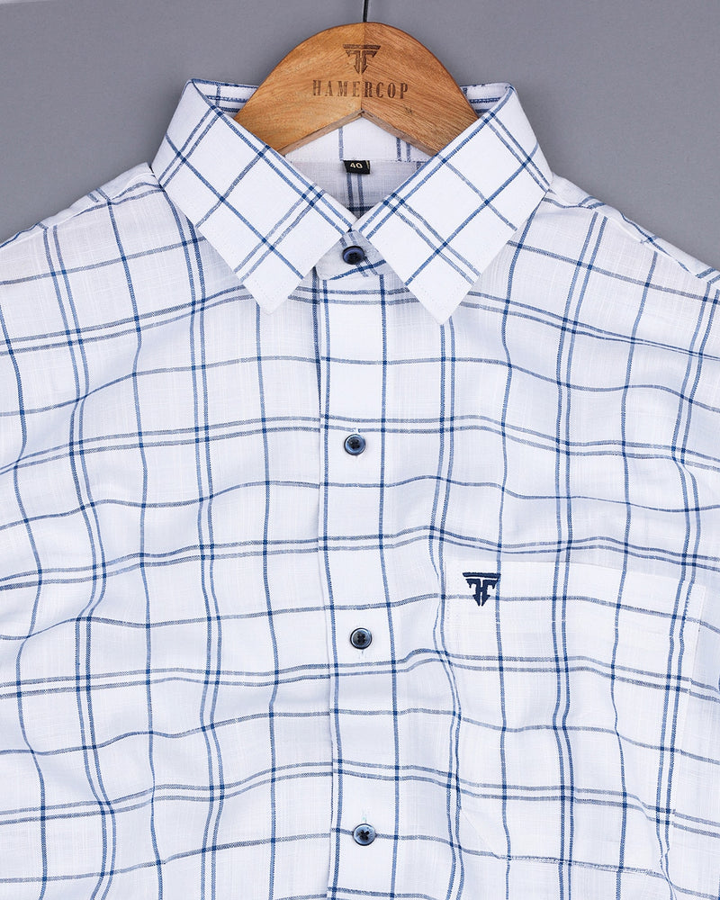 White With Blue Check Linen Cotton Formal Shirt