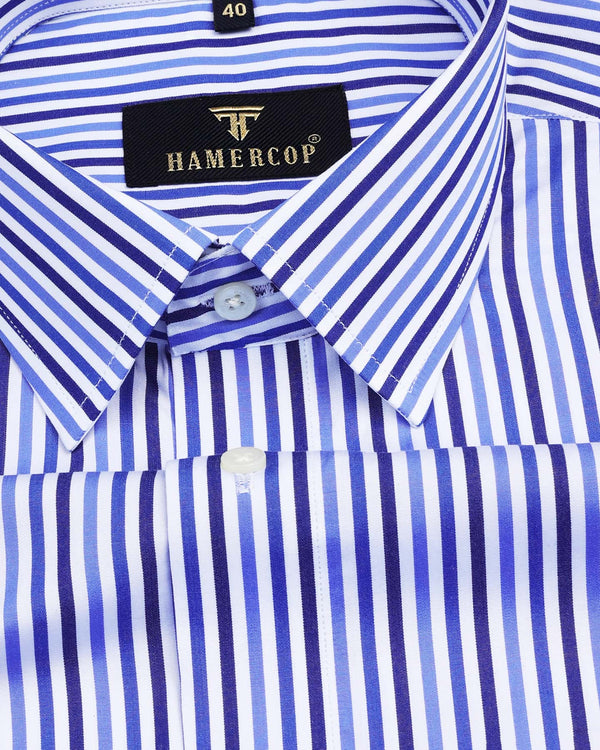 Blitar Blue With White Multistriped Formal Cotton Shirt