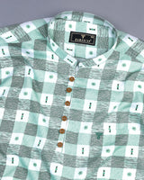 Retro Green Sudoku Check Printed Cotton Shirt Style Kurta