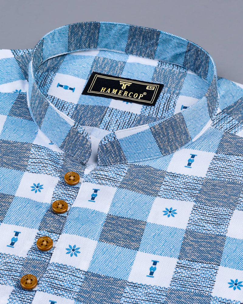 Retro Blue Sudoku Check Printed Cotton Shirt Style Kurta