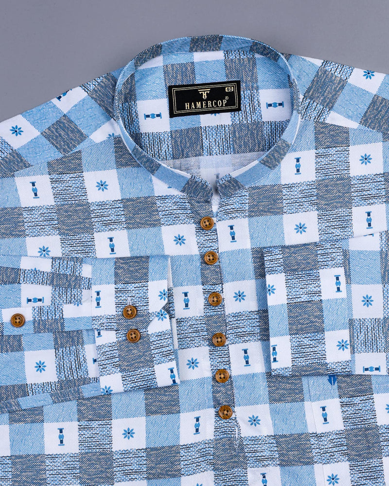 Retro Blue Sudoku Check Printed Cotton Shirt Style Kurta