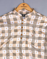 Retro Cream Sudoku Check Printed Cotton Shirt Style Kurta