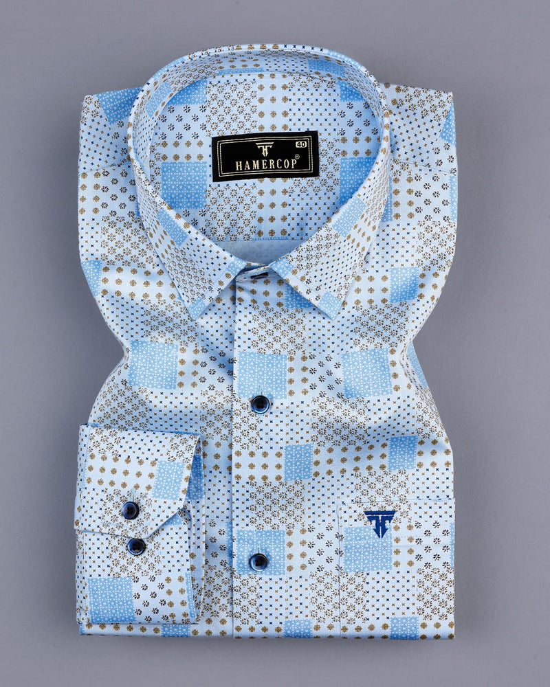 Prussian SkyBlue Block Art Printed Premium Cotton Shirt