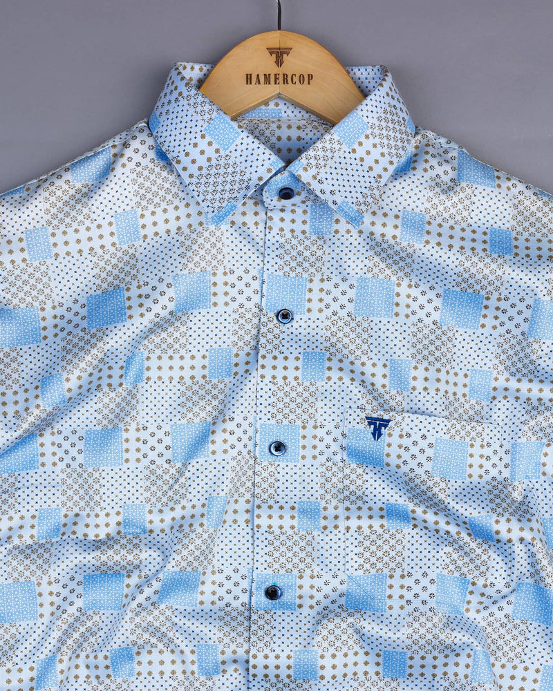 Prussian SkyBlue Block Art Printed Premium Cotton Shirt