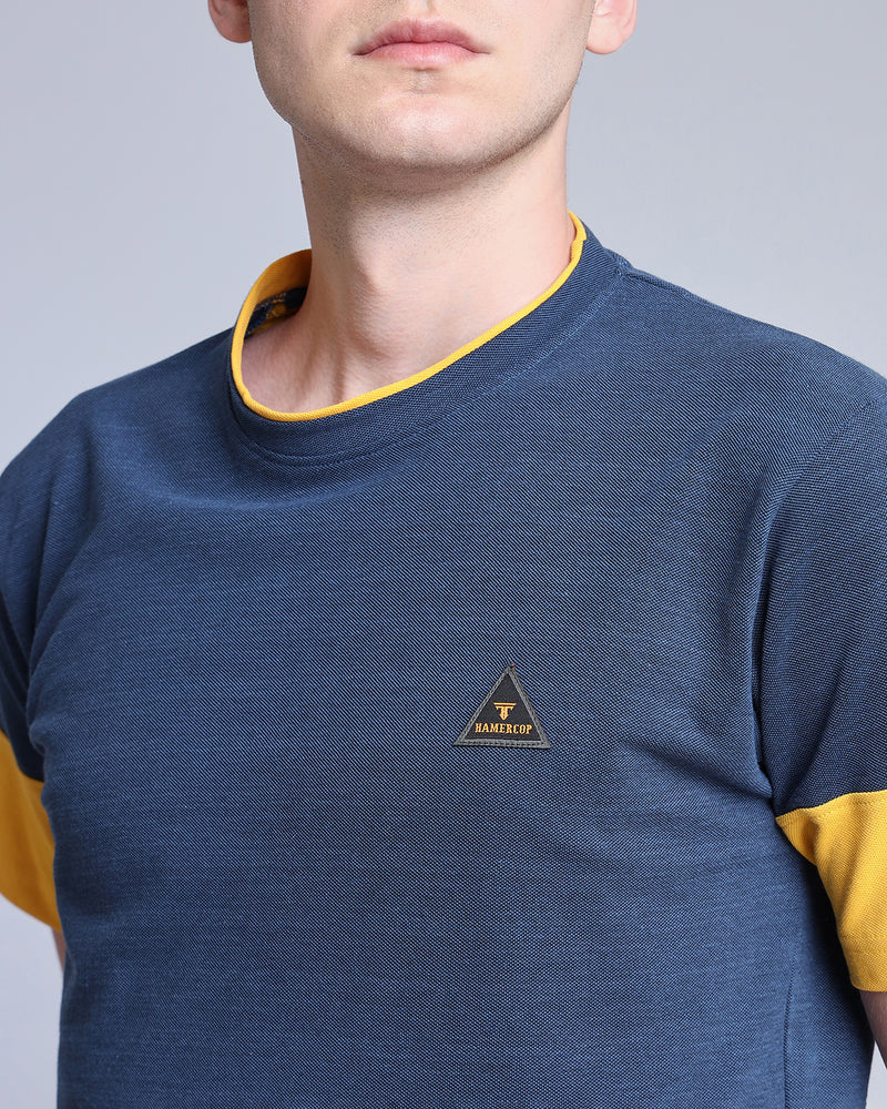 NavyBlue With Mustard Pique Pima Designer T-Shirt