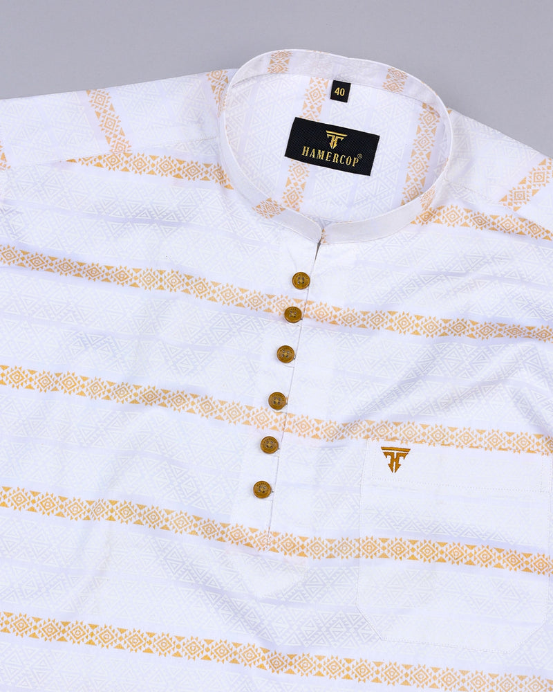 Golden Triangoli Weft Striped White Cotton Designer Shirt Style Kurta