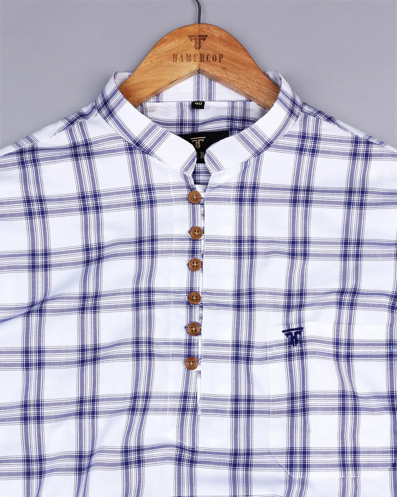 Dexter White With Blue Twill Check Cotton Shirt Style Kurta