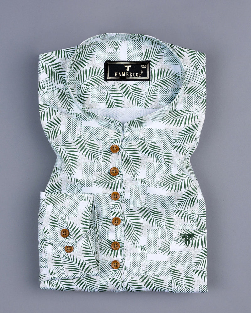 Green Palm Leaf Printed Cotton Shirt Style Kurta