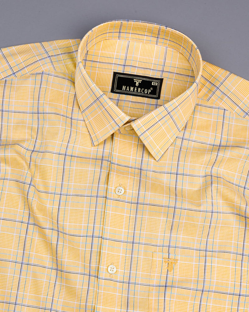 Corn Yellow With Blue Check Formal Cotton Shirt
