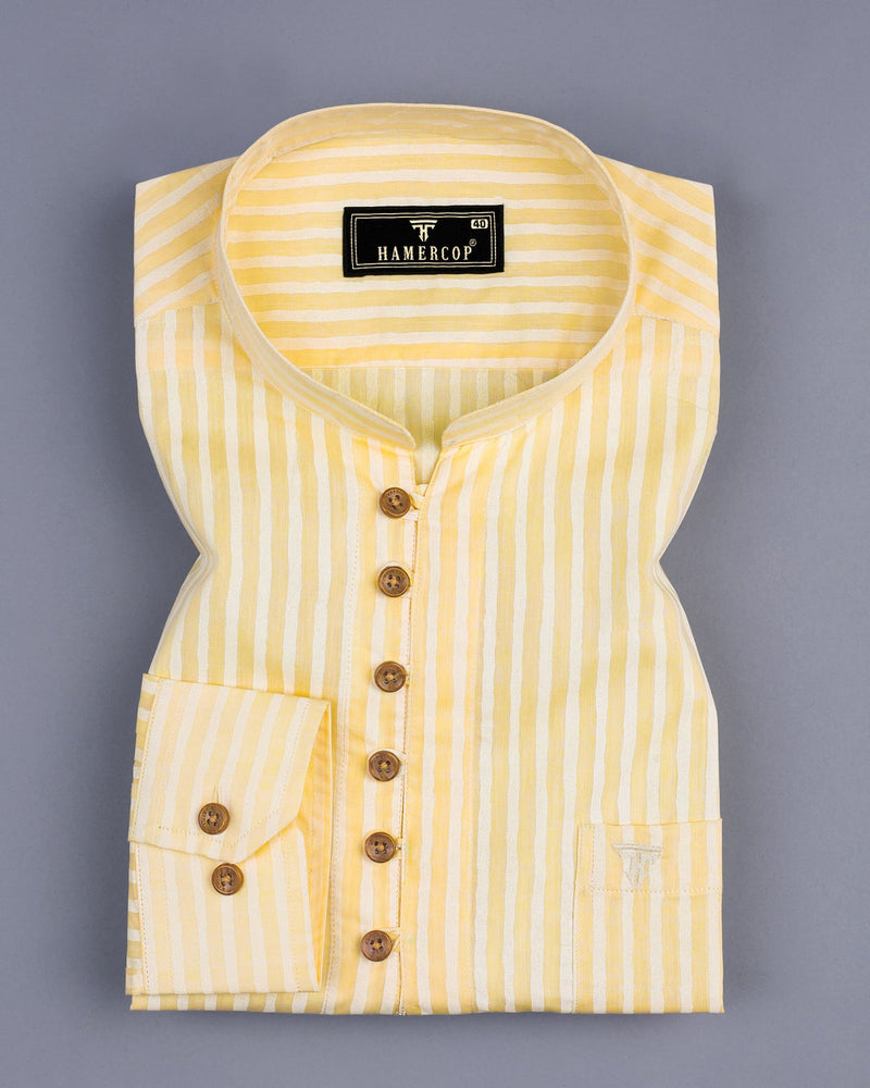 Light Goldenrod Yellow Striped Cotton Shirt Style Kurta