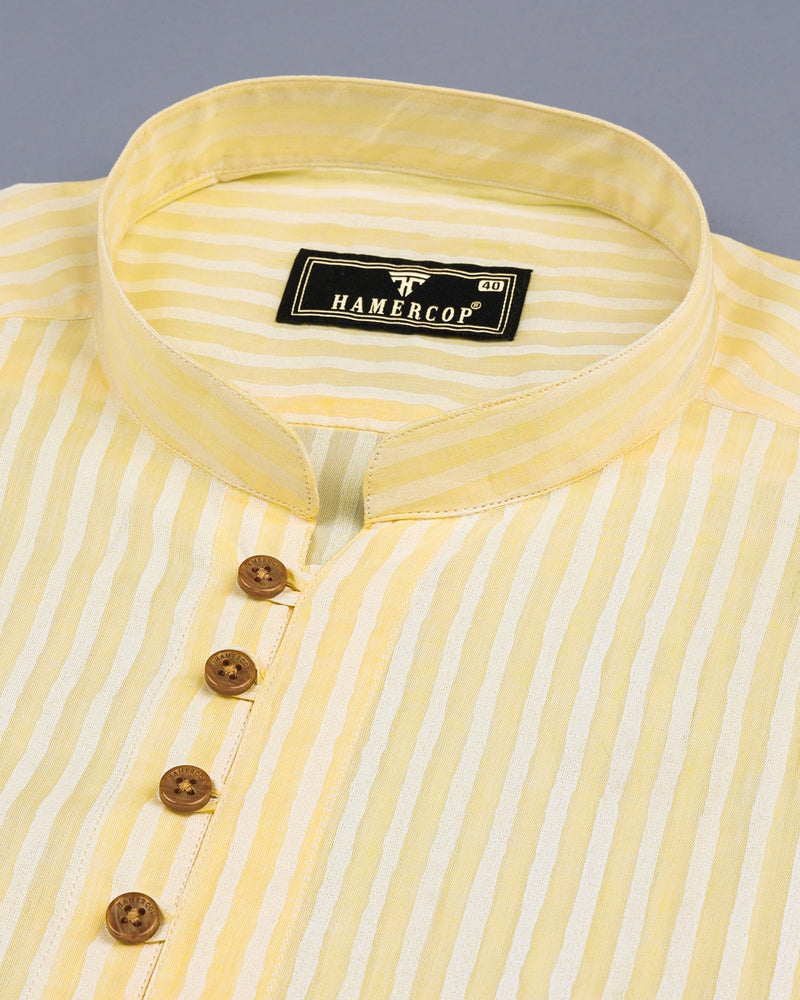 Light Goldenrod Yellow Striped Cotton Shirt Style Kurta