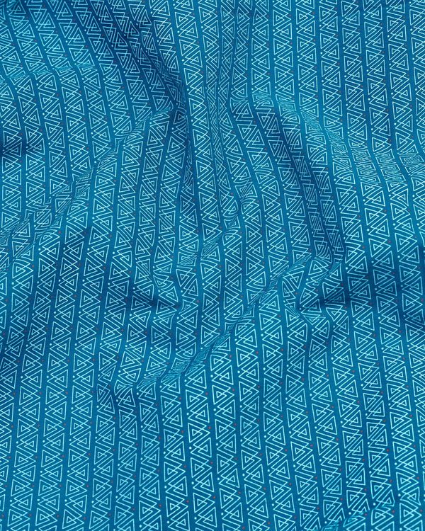 Sea Blue Geometrical Designer Printed Cotton Shirt Style Kurta