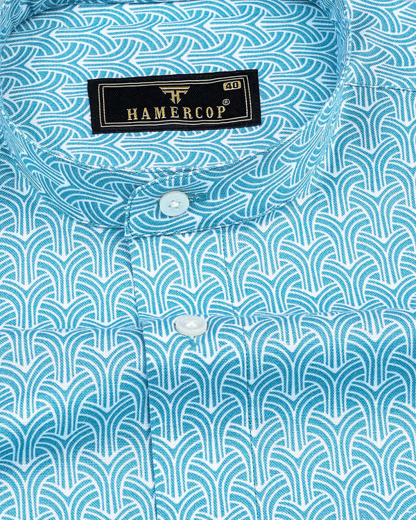 SkyBlue Abstract Geometrical Pattern Oxford Cotton Shirt