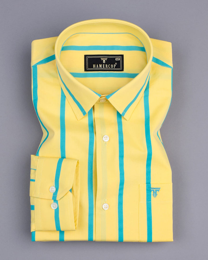 Munsell Yellow With Blue Poplin Broad Stripe Cotton Shirt
