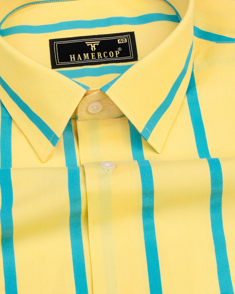 Munsell Yellow With Blue Poplin Broad Stripe Cotton Shirt
