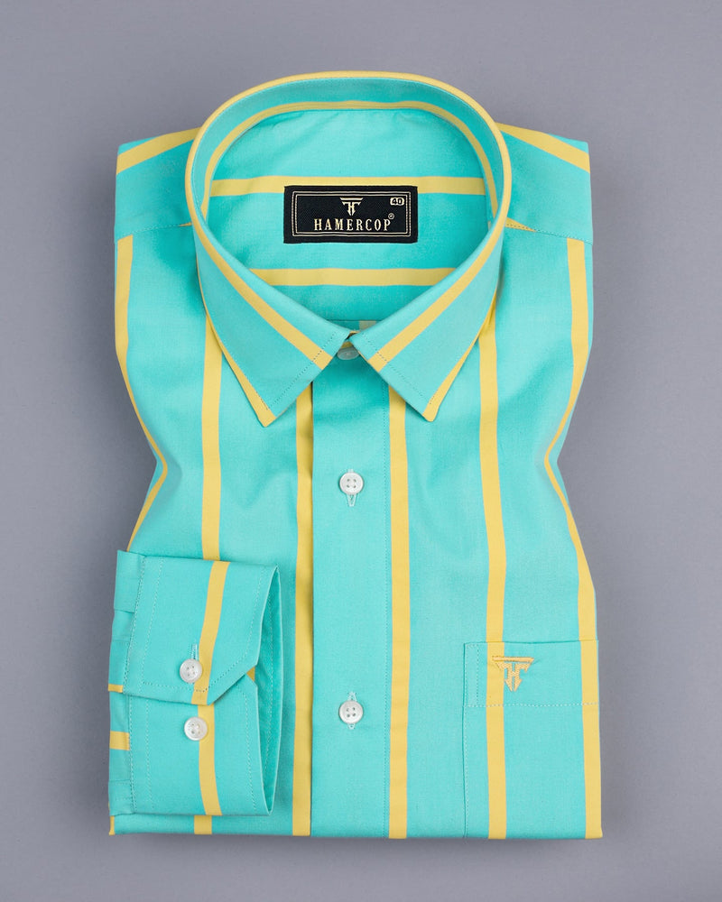 Munsell Blue With Yellow Poplin Broad Stripe Cotton Shirt