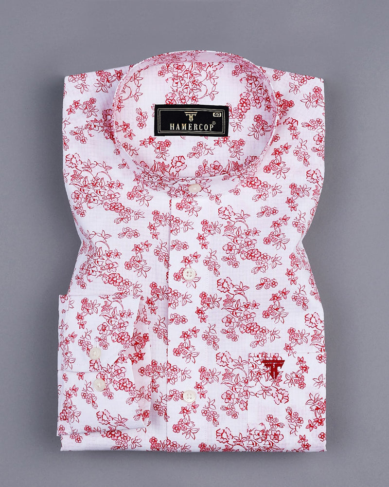 Red Flowers Printed Self Weft Stripe White Cotton Shirt
