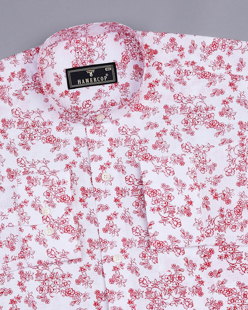 Red Flowers Printed Self Weft Stripe White Cotton Shirt