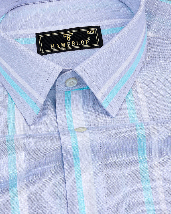 Gray With SkyBlue And White Broad Stripe Linen Cotton Shirt