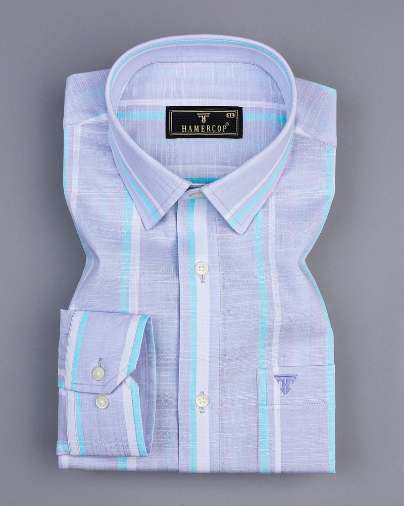 Gray With SkyBlue And White Broad Stripe Linen Cotton Shirt