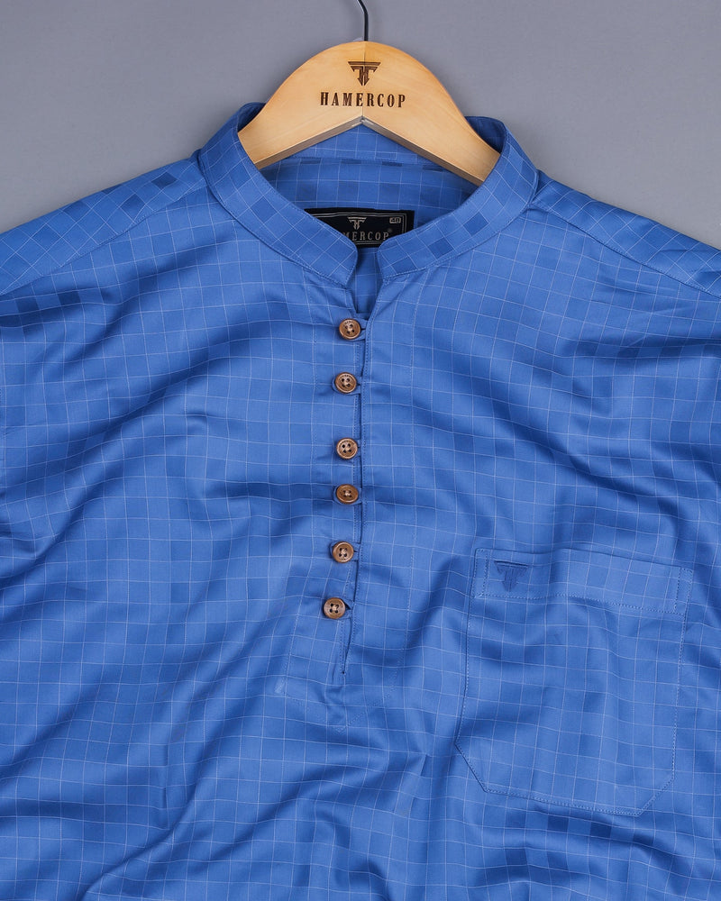 Tenex Blue Self Check Premium Cotton Shirt Style Kurta